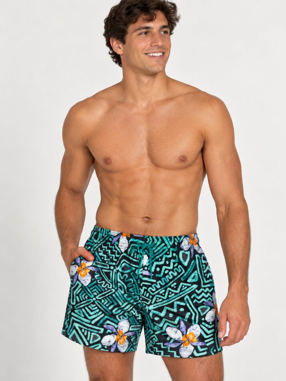 NWT Caribbean Black & Teal Geometric Floral Swim Trunks